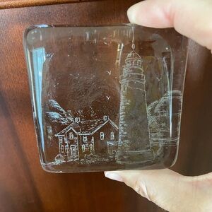 Recycled Glass Clear Wedge Paperweight Etched Lighthouse Blenko